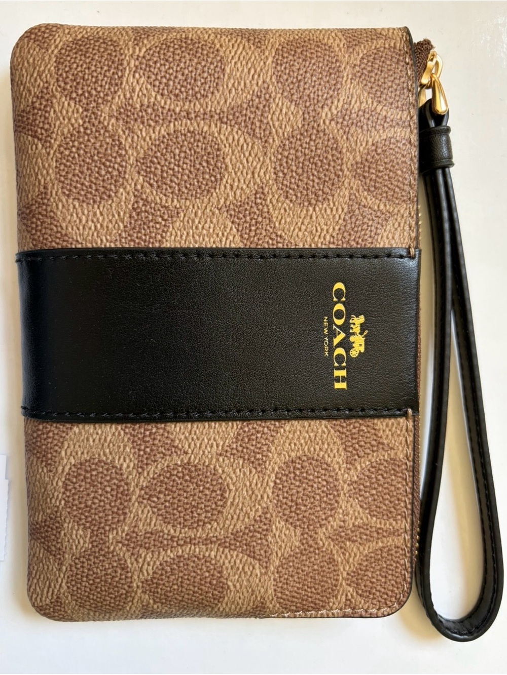 Coach Signature Tan Canvas Wristlet with Black Leather Band CW 854